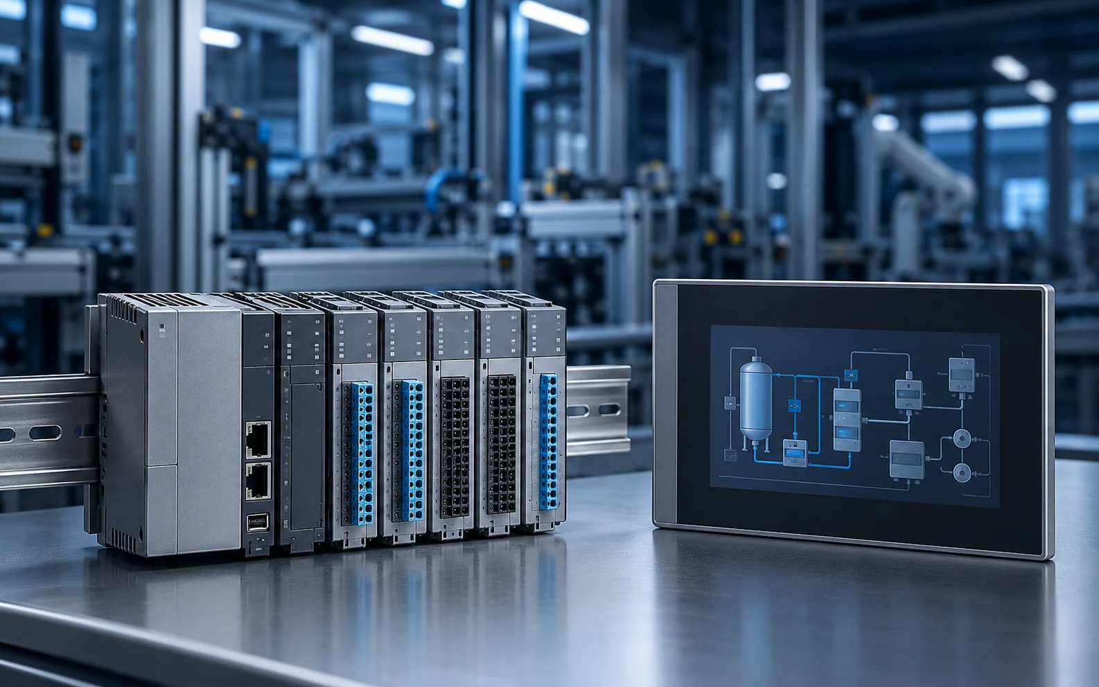 Imagen ilustrativa de un PLC modular y un panel HMI